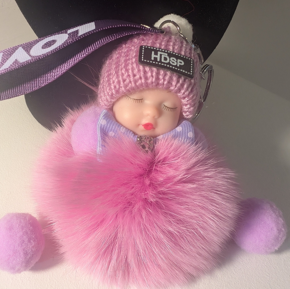 New!Adorable Pink & Purple Sleeping Baby Purse Charm or Keychain with LOVE Strap - Picture 2 of 5